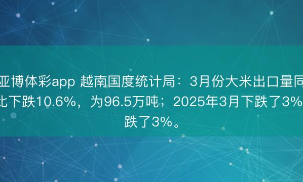 亚博体彩app 越南国度统计局：3月份大米出口量同比下跌10.6%，为96.5万吨；2025年3月下跌了3%。